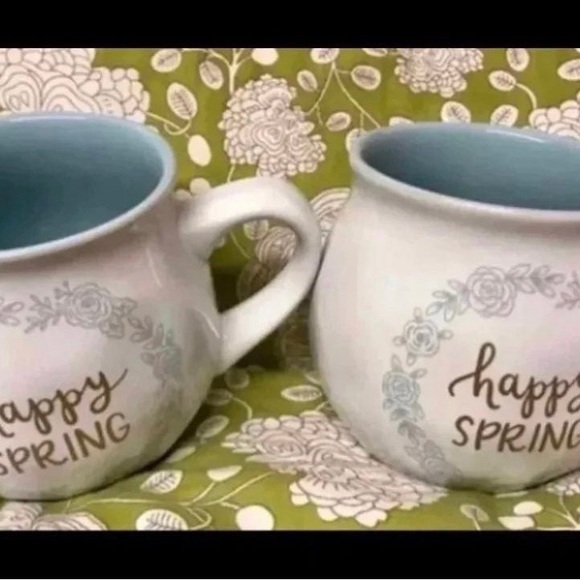 Lot of 2 Threshold “Happy Spring” Flower Blue Coffee Mug Cup - Picture 2 of 2